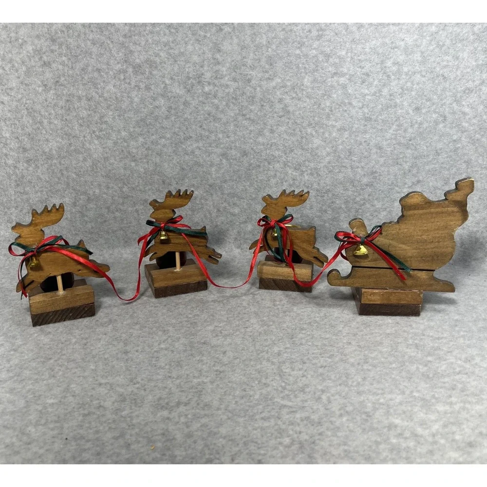 Vintage Christmas Around the World Wood Sleigh Reindeer Taper Candle Holders Set